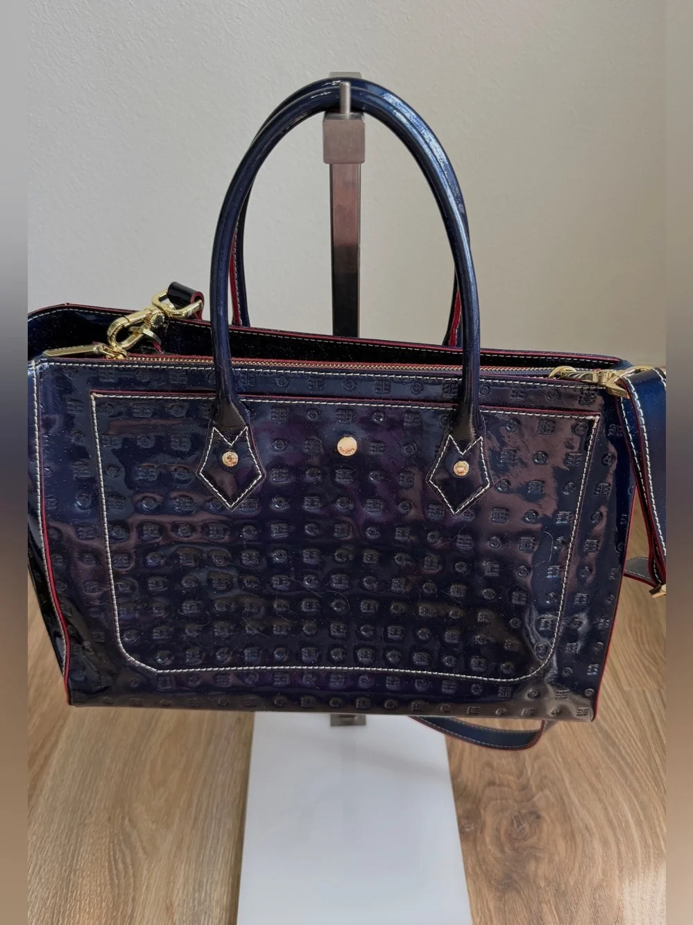 Arcadia Made in Italy Navy Blue Patent Leather Embossed Satchel Tote Bag